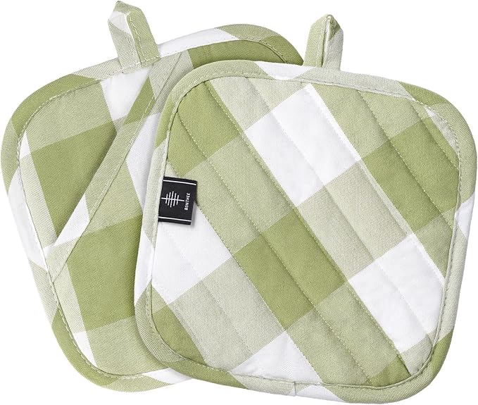Cotton Pot Holders for Kitchen Heat Resistant Potholder Hot Pads Trivet Coaster Non-Slip Potholders Set for Cooking and Baking (2, Green Plaid, Square，8.27 in²)