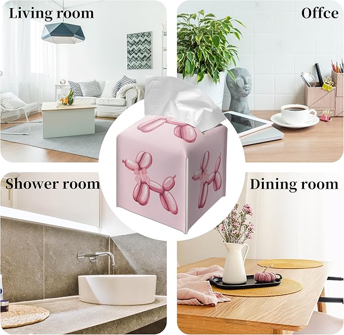 Grace Yonks Cute Tissue Box Cover Square - Pink Balloon Dog & Bow Design 5.2" PU Leather Holder for Vanity, Desk, or Bathroom Counter - Cube Case for Facial Tissues(011)