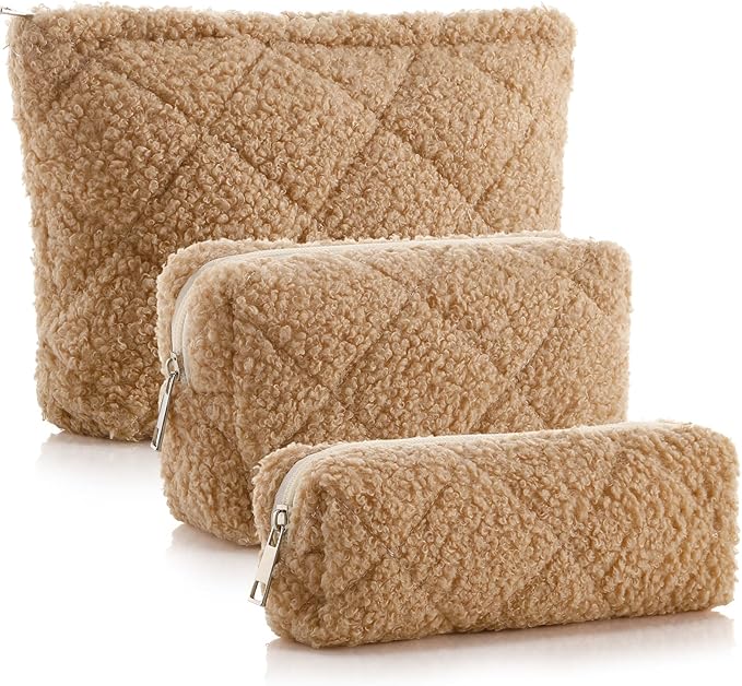 Paterr 3 Pcs Quilted Makeup Bag Set Small Bridesmaid Cosmetic Bag Aesthetic Travel Toiletry Pouch Cute Purse Pencil Case Makeup Storage Organizer for Women Birthday Gifts(Fuzzy,Khaki)