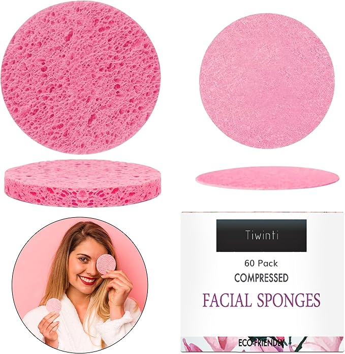 60 Count Compressed Facial Sponges - Natural Wood Pulp Round Esthetician Face Sponges for Cleansing, Daily Face Washing, Exfoliating Makeup, and Mask Removal