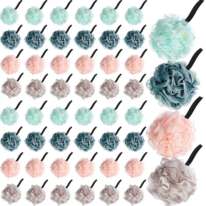 Shellwei 48 Pack Bath Sponge Shower Loofahs Bulk Pack 50g Soft Net Body Scrubber Shower Pouf Sponge Ball Body Mesh Pouf Exfoliating Bath Scrunchies for Men and Women