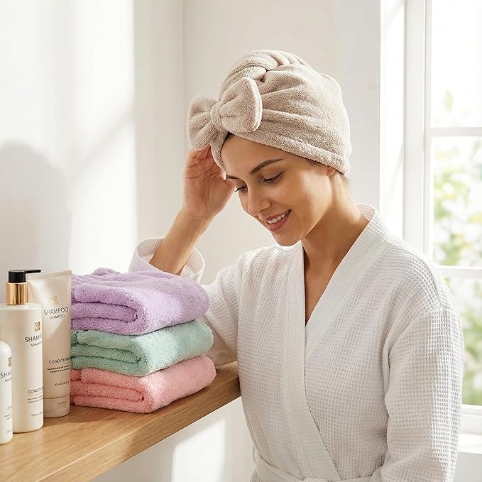 Microfiber Hair Towel Wrap for Women with Bow, Super Absorbent Quick Drying Hair Turban, Anti Frizz Hair Drying Cap for Curly Thick Frizzy Hair, Lightweight Towel for After Shower (Pink+ Coffee)