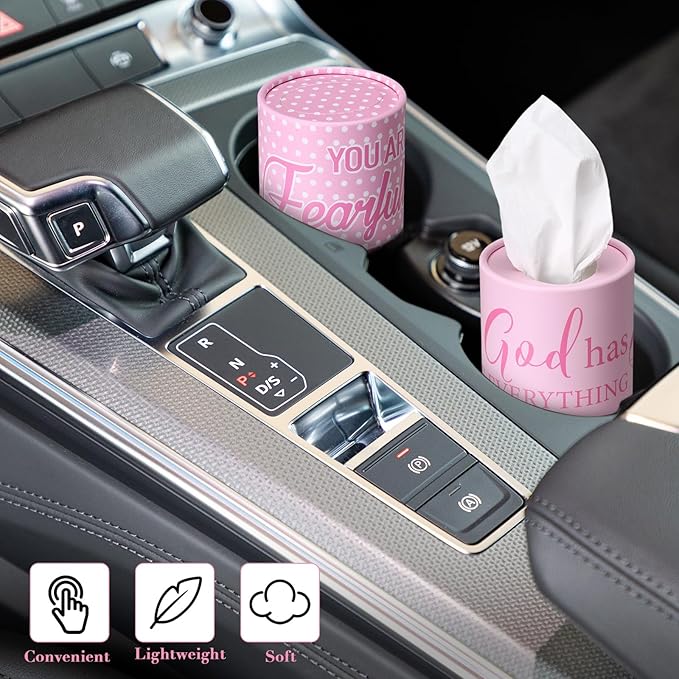 Outus 12 Pcs Christian Car Tissues Cylinder Holder with 3 Ply Facial Tissue Bulk Pink Bow Religious Round Tissue Holder Inspirational Scripture Travel Tissues Boxes Container for Car Cup Home Office