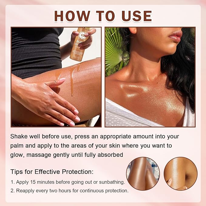 Shimmer Body Oil,SPF 45 Broad Spectrum,Shimmer Sunscreen with Rose Gold Mica,Lightweight Non-Sticky Body Glow Oil,Absorbs Quickly,3.72 fl oz,ROSE