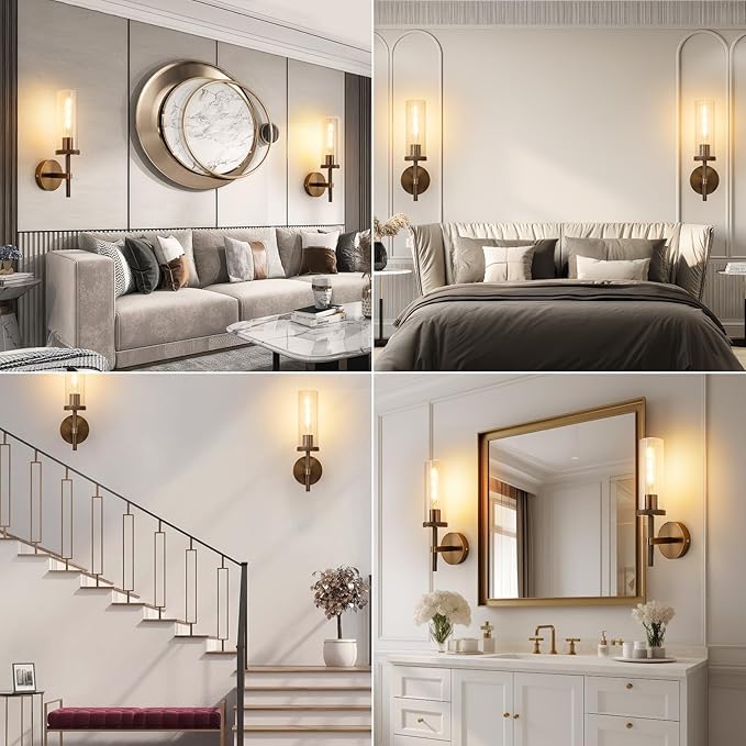 15" Knurled Bronze Hardwired Wall Sconces Set of 2, Bathroom Vanity Light Fixtures with Clear Glass Tube, Modern Lamp Lighting for Bedroom, Living Room, Hallway, Staircase, Mirror, Kitchen