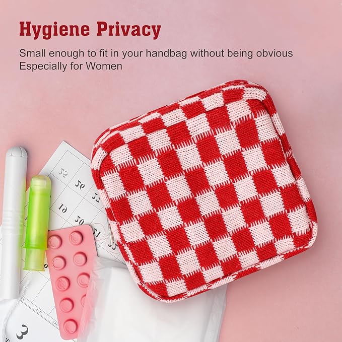 Sanitary Napkin Storage Bag, Menstrual Pad Zipper Bag Checkered Portable Period Bag Panty Liners, Tampon Storage Pouch for Women Ladies Daily Use Storage Purse Travel
