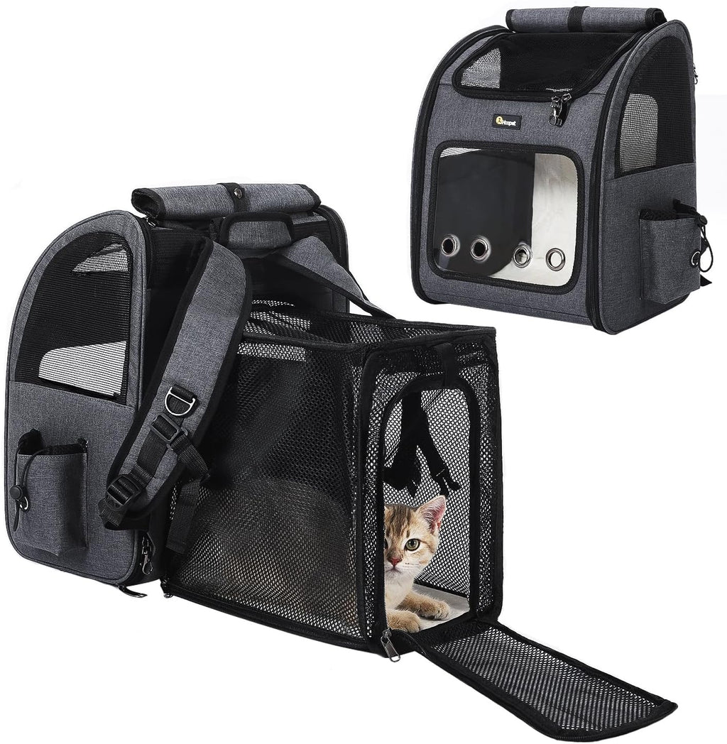 Hoopet Expandable Cat Backpack Carrier – Breathable Pet Carrier for Small Cats & Dogs, Foldable Travel Backpack with Mesh Ventilation for Hiking, Walking, Camping, Dark Grey