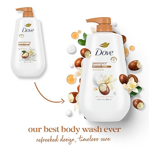 Dove Body Wash with Pump Pamper Shea Butter & Vanilla for 24hr Lotion-Soft Skin Moisturizing Skin Cleanser with No Sulfates No Parabens 30.6 oz,(Pack of 2)