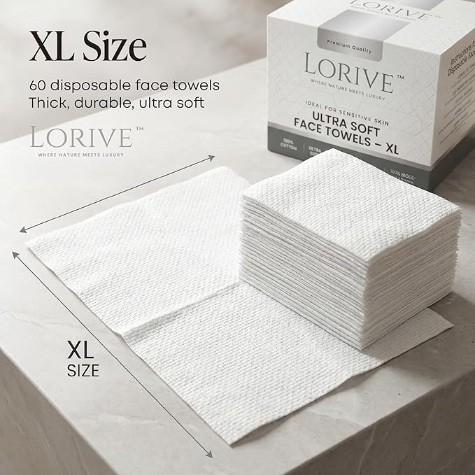 Disposable Face Towels XL 10 x 12, 60 Count – 100% Cotton Clean Skin Towels, Ultra Soft Lint Free Face Towelettes for Skincare & Makeup Removal, Thick Facial Dry Wipes for Sensitive Skin