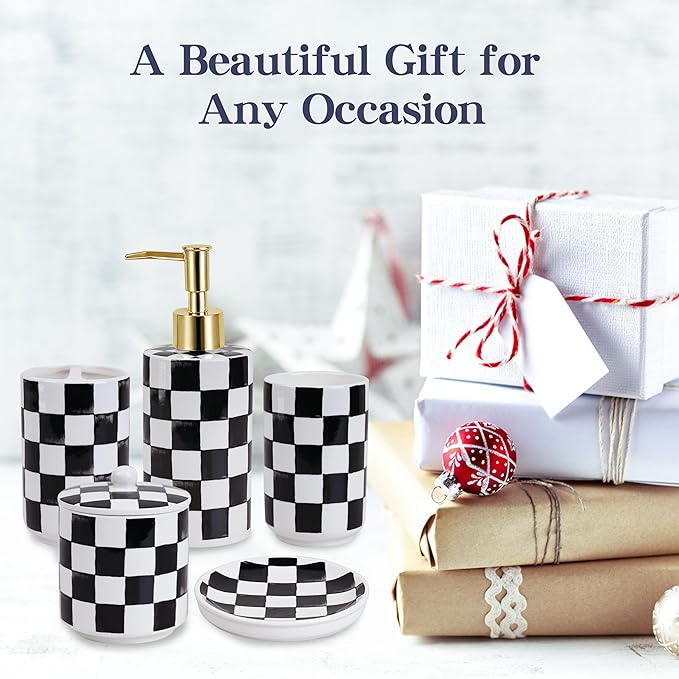 Ceramic Bathroom Soap Dispenser Set, Black and White Checkered Bathroom Vanity Set with Lotion Pump, Toothbrush Holder, Soap Dish & Storage Jar, Modern Bathroom Sink Accessories