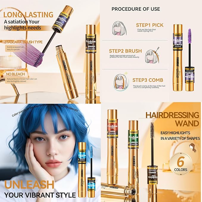 Hair Coloring Wand, 6 Colors Temporary Hair Mascara with Brush - No Bleach Formula, Smudge-Resistant & Quick-Drying for Highlights, Ombre, Daily Styling