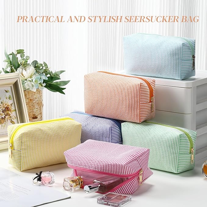 Sanwuta 6 Pcs Seersucker Cosmetic Bags Bulk Seersucker Makeup Bags Stripe Women Pouch Large Preppy Storage Pouch Toiletry Travel Organizer for Wedding Bridesmaid Bride Favor Mom Gift (Rainbow)