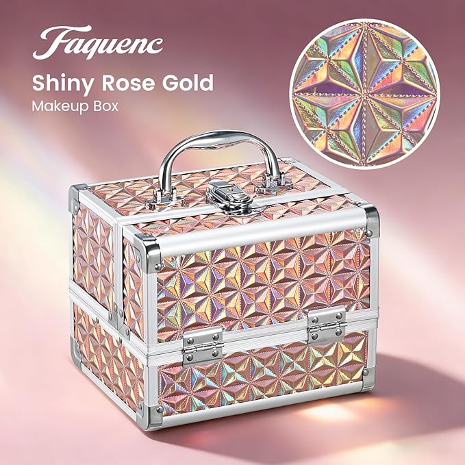 Makeup Case with Lighted Mirror Travel Makeup Organizer Box Portable Lockable 2 Trays Cosmetic Train Case with LED Mirror for Girls Make up Nail Kits Sewing Vanity Storage Case, Shiny Gold