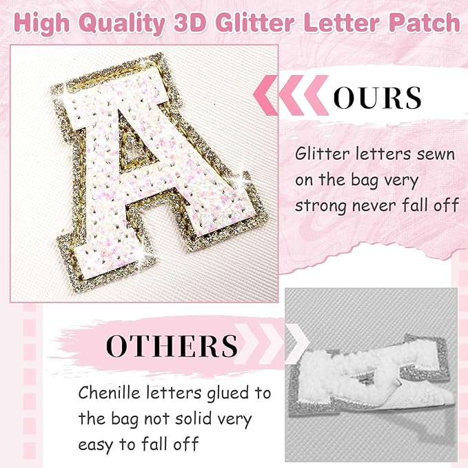 Small Initial Patch Makeup Bag Personalized Gifts Make Up Bag,White Cute PU Leather Glitter Letter Cosmetic Bag with Zipper,Trendy Portable Travel Toiletry Pouch,Preppy Stuff for Teen Girls Women Q