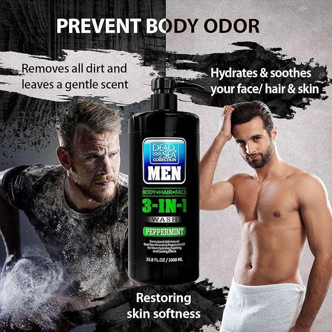 Dead Sea Collection Peppermint Men’s Body Wash – 3 in 1 Body Wash for Men for Hair, Face & Body – Moisturizing Shower Gel with Dead Sea Minerals – Pack of 2 (33.8 fl oz each)