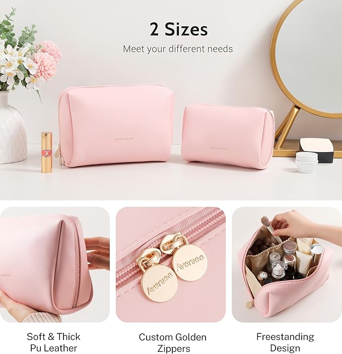 Aveniee Travel Makeup Bag, Large Toiletry Bag for Women, Vegan Leather Travel Pouches Case, Make Up Bag for Travel Essentials Brushes, Cosmetic Bag Purse Organizer with Divider and Gold Zippers-Pink