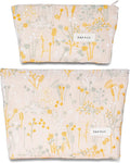 2 Pcs Makeup Bags, Large Cute Cosmetic Bag Travel Toiletry Bag Organizer for Women, Embroidery Craft Floral Makeup Bag Small Cosmetic Pouch Purse with Zipper （Dasiy Yellow）