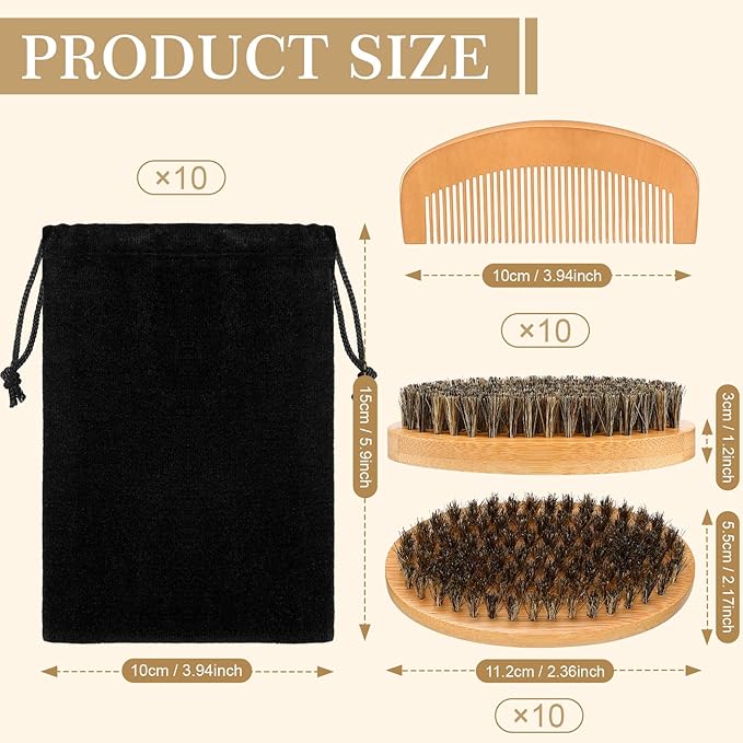 10 Sets Grooming Kit for Men - Natural Boar Bristle Brush, Pear Wood Dual-Sided Wide Tooth Comb, and Travel Pouch (Oval Shape) for Beard Care