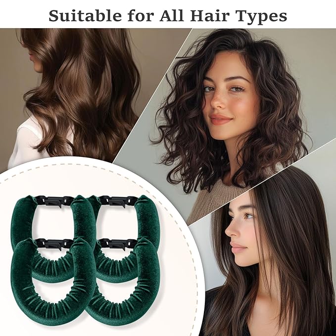 Heatless Hair Curler Set – 4PCS Velvet Overnight Blowout Rods for Heatless Curls, Jumbo Flexible Curling Rods to Sleep In, No Heat Curling Tools for Natural Waves and Curls Green
