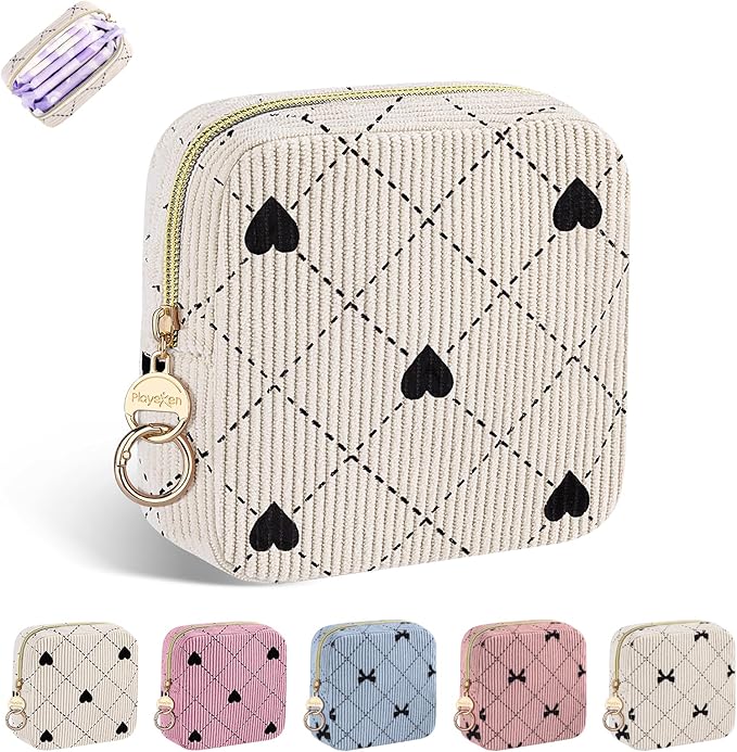 Period Bag for Teen Girls, Corduroy Hearts Sanitary Napkin Storage Bag, Cute Menstrual Pad Pouch Tampon Holder for Purse (Hearts-Beige)