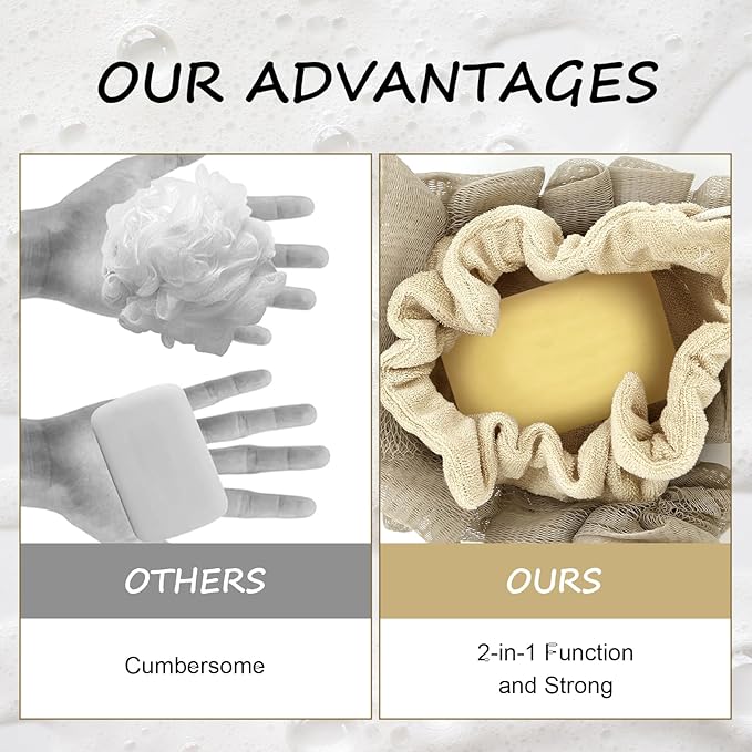 3 Pcs Soap Bar Loofah, 2 in 1 Bar Soap Loofah Pouch Can Hold Soap Effective Exfoliation for Bathing (Beige*2 + Khaki*1)