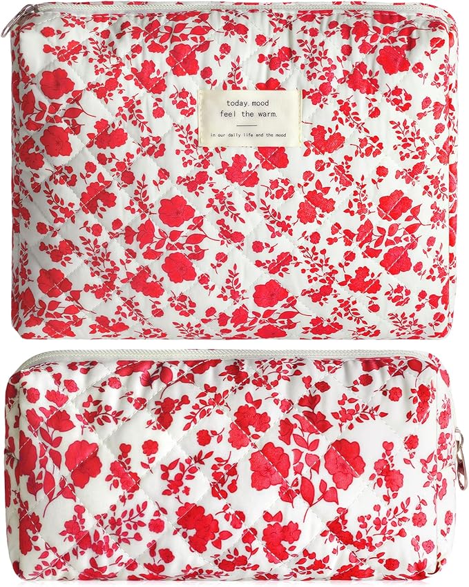 2Pcs Quilted Makeup Bag Set Flower Cute Pencil Case Large Small Travel Makeup Pouch Set for Women Coquette Makeup Bag Aesthetic Cotton Cosmetic Bag Hot Pink Toiletry Organizer Storage Bag Zipper Pouch