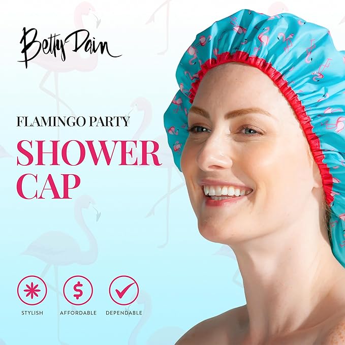 Reusable Shower & Bath Cap & Lined, Oversized Waterproof Shower Caps Large Designed for all Hair Lengths with PEVA Lining & Elastic Band Stretch Hem Hair Hat - Fashionista Flamingo Party