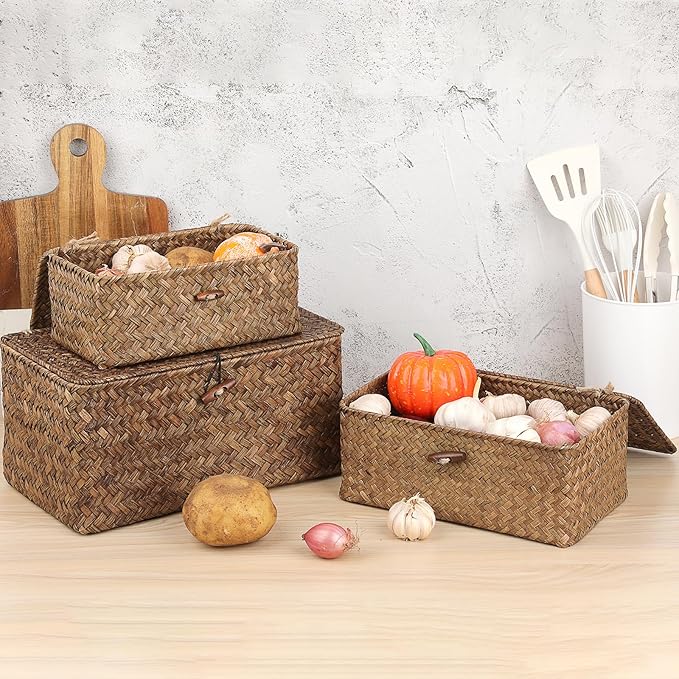 Sumnacon Wicker Basket with Lid Rectangle Woven Baskets for Toiletries Tampon Storage,Wicker Storage Basket with Lid,Decorative Seagrass Storage Baskets for Shelf Bathroom Toilet Table, Coffee