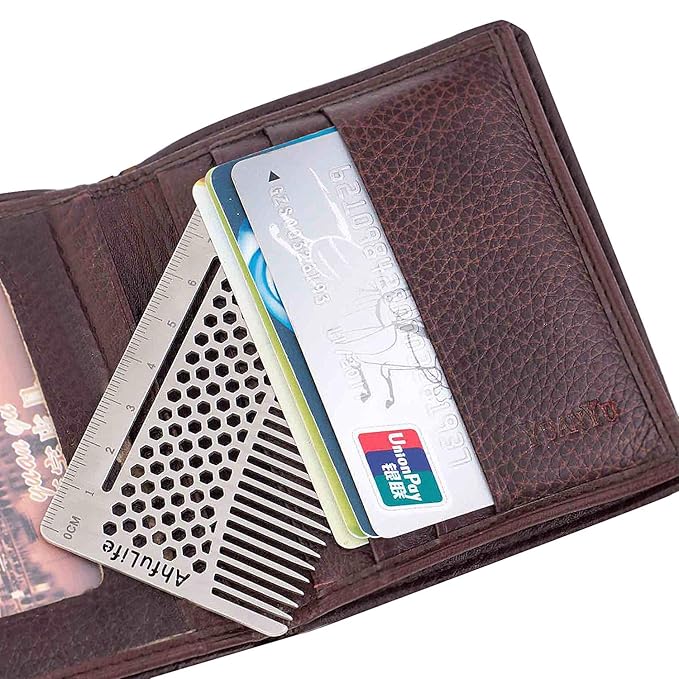AhfuLife Stainless Steel Metal Hair&Beard Comb - Anti-Static Dual Action Beard Comb - Credit Card Size Combs Perfect for Wallet and Pocket - Presented in Gift Box