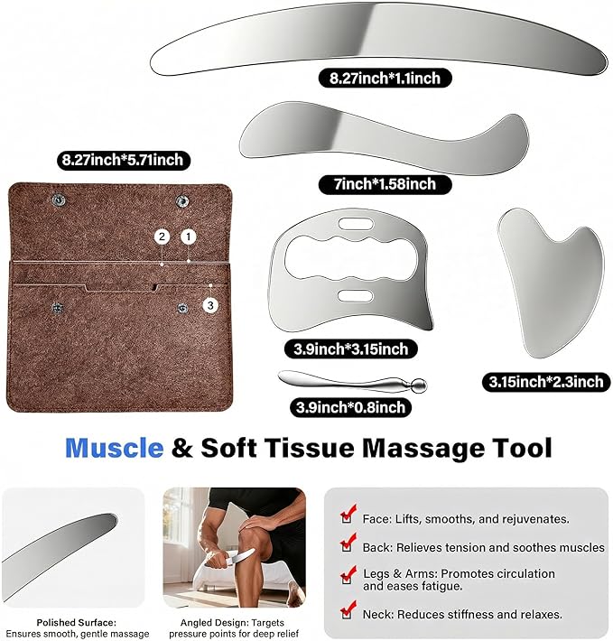 Stainless Steel Muscle Scraper Gua Sha Kit and Derma Edge Scraping Tools for Physical Therapy, Deep Tissue Guasha Massage Tool for Body and Face Relaxation (Brown-5pcs)