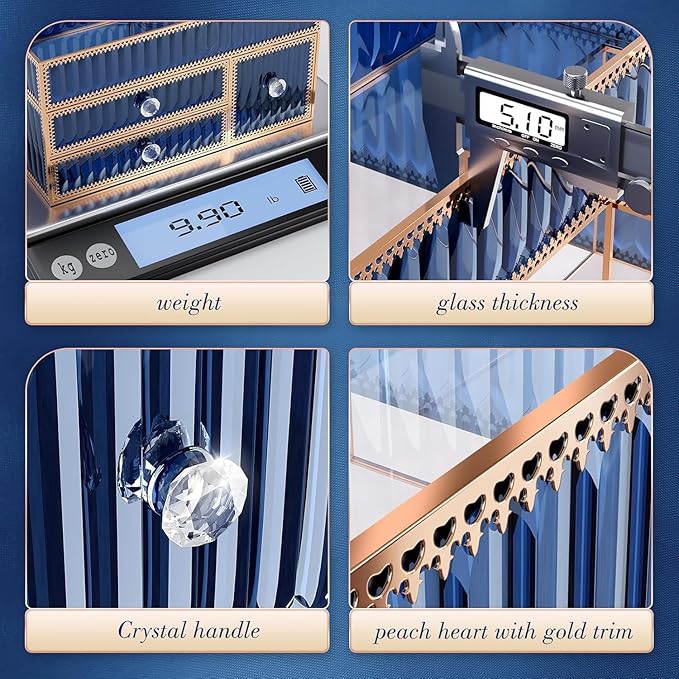 Makeup Organizer Blue - Tempered Glass Vanity Organizer for Cosmetics, Skincare, Hair Tools, Brushes, Perfume - Multipurpose Bathroom Counter Skincare Organizer