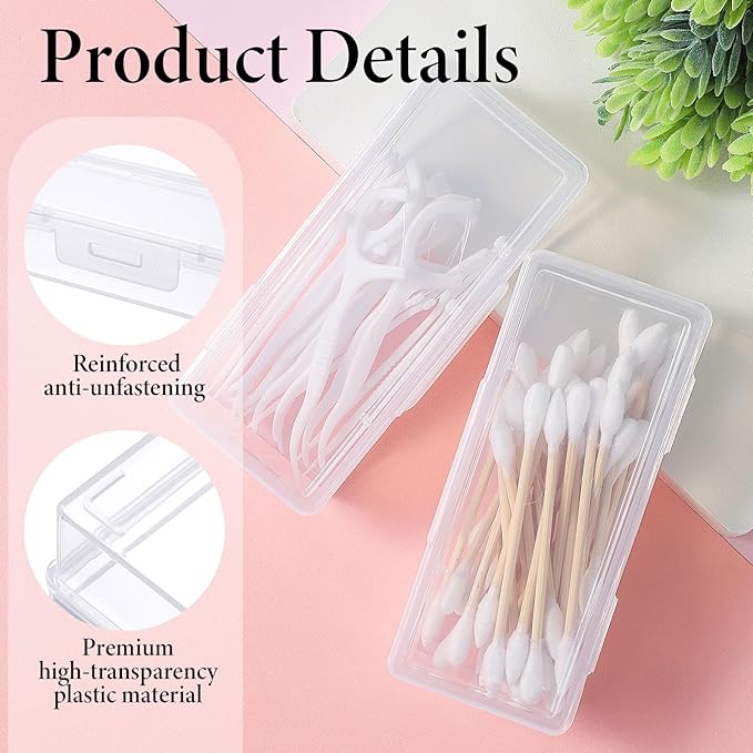 Portable Travel Cotton Swab Holder, 2 Pcs Clear Plastic Cotton Pad Storage Container, Small Dental Floss Picks Case with Dustproof Lid for Makeup Sponges, Hair Ties, Small Items