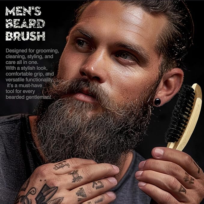 Beard Brush for Men – Ergonomic Curved Design for Beard & Mustache Grooming and Styling – Promotes Beard Growth – Portable and Travel-Friendly