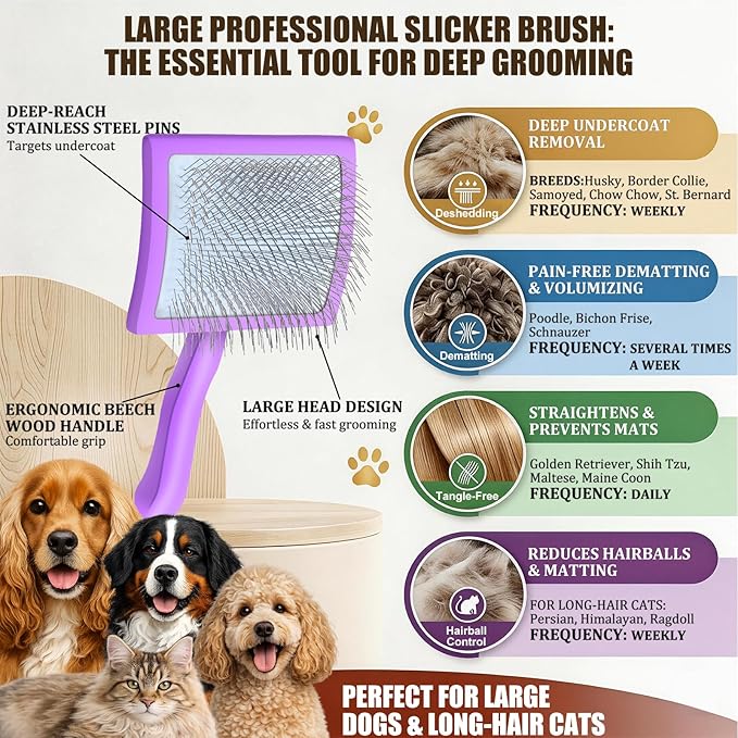 Slicker Brush for Dogs, Large Dog Brush to Long Haired Dogs for Poodles Doodles Goldendoodles Bernedoodles, Long Pin Grooming Kits to Dematting & Reducing Tangles and Fluff, Purple