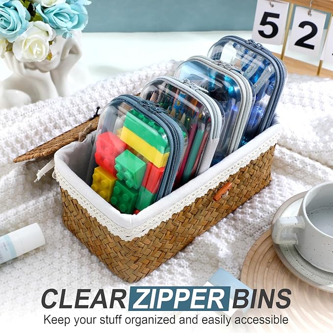 Hoolerry 4 Pcs Hard Clear Zipper Case Makeup Bags Plastic Zipper Pouch Transparent Storage Box Containers for Cosmetics, Snacks, Building Blocks, Puzzles(Clear,7.5 x 3.9 x 2 in,Morandi)
