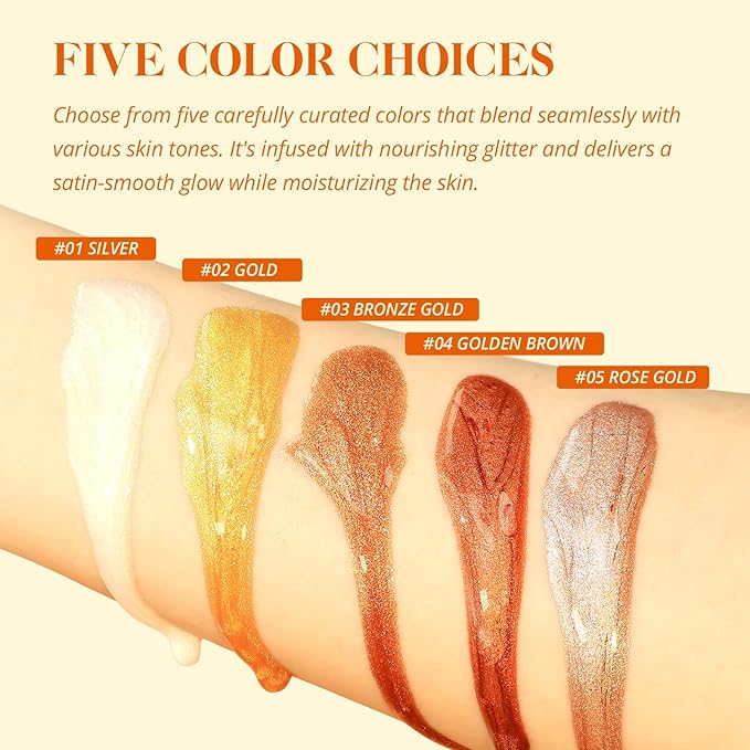 Liyalan Shimmer Body Oil 5 Color Options 1.0 fl.oz Face Glow Pearl Highlighter Illuminator Long-Lasting Shine Glitter Liquid Tanning with Makeup Brush Included (#02 Gold)