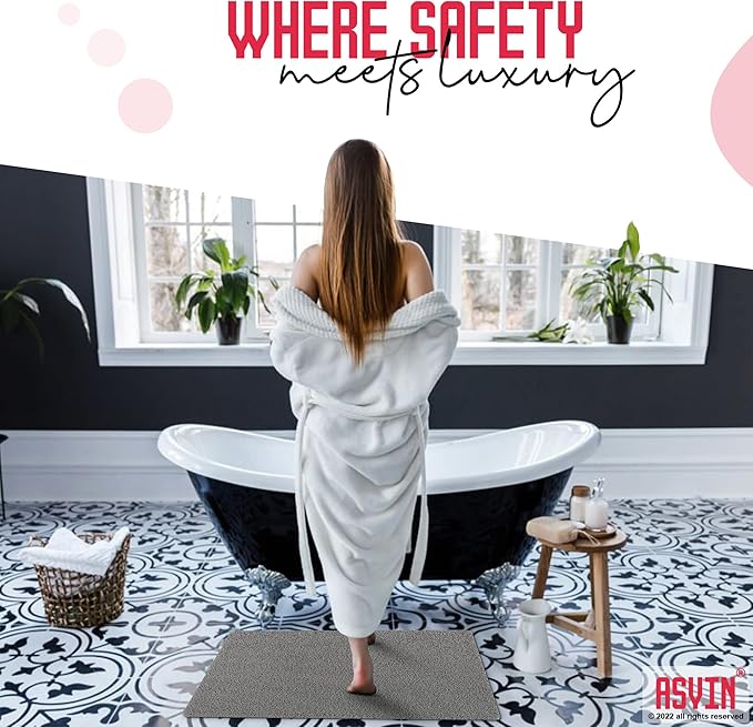 Asvin Soft Textured Bath, Shower, Tub Mat, 24x16 Inch Rectangular, Phthalate Free, Non Slip Comfort Bathtub Mats with Drain, PVC Loofah Bathroom Mat for Wet Areas, Quick Drying, Grey
