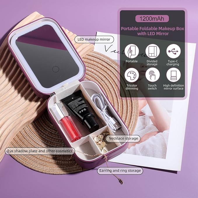 BS-MALL Travel Cosmetic Mirror Case LED Makeup Mirror Storage Case for Eyelash Station Brushes Cosmetic Tools On-the-go Makeup Needs (Rose Red)