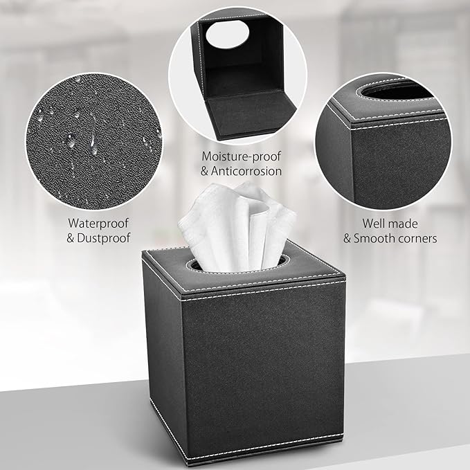 Tissue Box Cover, PU Leather Tissue Box Holder Square Box Covers for Home/Office/Car Decoration 5.3"X5.3"X5.8" - Black