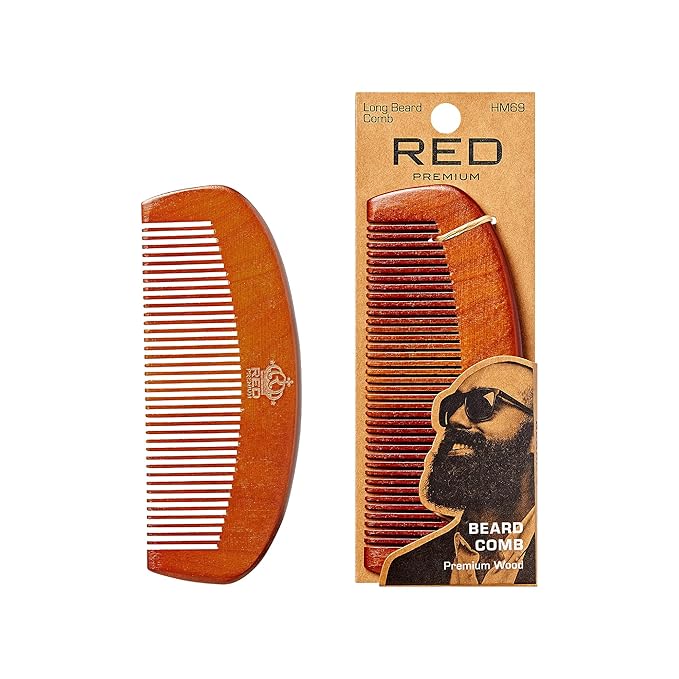 RED by Kiss Premium Wood Men Long Beard Comb, Easy Detangling and Styling, Durable Design for Gentle Beard Hair & Mustache Grooming Essential, No Snagging & Pulling, Maximize Conditioning