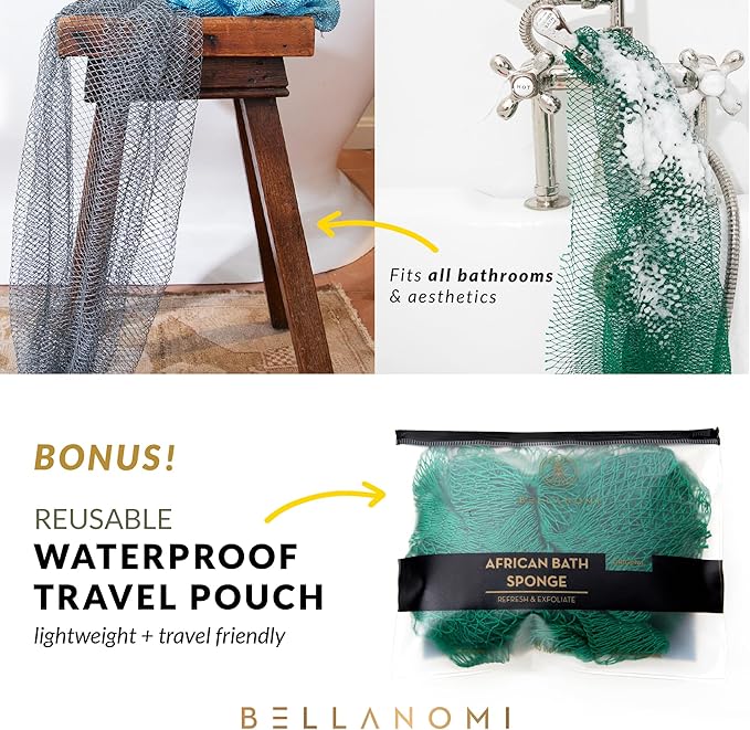 BELLANOMI African Exfoliating Net Sponge, Authentic, Ethically sourced from Nigeria, 45 inches Long, Back Scrubber for Daily use (Black)