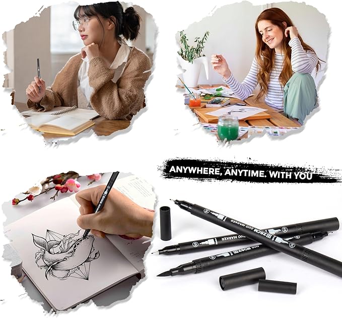 Black Duo Tip Marker Pens, 12 Pack Fine & Brush Markers for Adult Coloring Books No Bleeding, Jet Black Markers for Outlining, Sketching, Japanese Manga, Calligraphy and Graphic Novels