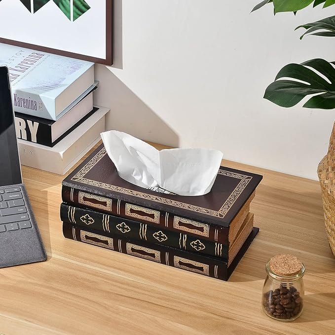Crafted Classical Retro Wooden Antique Book Tissue Box Cover Rectangular Tissue Holder Dispenser Paper Cover Case Napkin Holder Home Decor for Bathroom Living Room Office car Kitchen (Red)