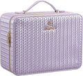 Leather Makeup Case with LED Lighted Mirror 11.4 Inch Travel Makeup Bag Adjustable Brightness in 3 Colors Cosmetic Organizer Artist Storage Bag with Dividers Brush Holder Bag Vanity Shiny Purple