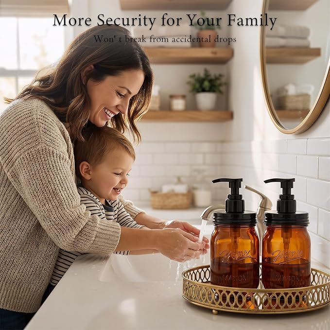 Amolliar Plastic Mason Jar Soap Dispenser with Pump Lid,16OZ Refillable Hand Soap Dispenser Set with Cute Lables - Farmhouse Decor for Kitchen Bathroom, Liquid Soap, Dish Soap, Lotion (2 Pack, Amber)
