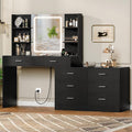 Quimoo Vanity Desk with LED Lighted Mirror & Power Outlet, Modern Corner Makeup Vanity Table with 8 Drawers & Open Shelves, Dressing Table for Bedroom, Makeup Room, Black