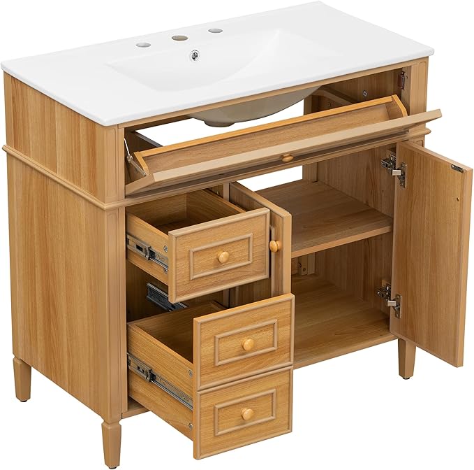 Harper & Bright Designs 36" Bathroom Vanity with Sink, Free Standing Single Basin Vanity Set with Tip-Out Drawer, 2 Drawers, and 2 Doors, Wood Bathroom Cabinet with Ceramic Basin for Bathroom, Wood