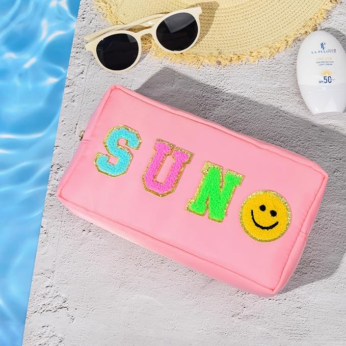 SOIDRAM Preppy Sun Makeup Bag Nylon Cosmetic Bag Stuff Makeup Pouch for Women Travel Toiletry Bag Organizer Cute Makeup Brushes Storage Bag with Chenille Letter Patches