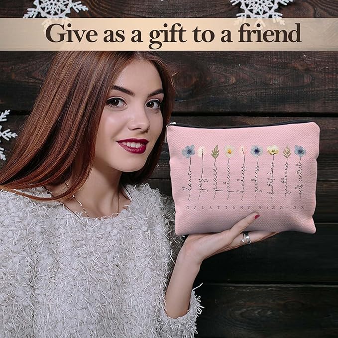 Christian Gifts Makeup Bag, Floral Christian Cosmetic Bags for Women, Galatians 5:22-23 Bible Verse Makeup Pouch, Faith Based Gifts Zipper Pouch(pink)