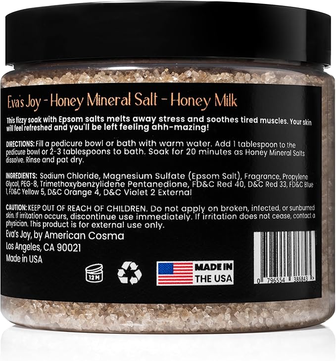 Eva's Joy Honey Milk Mineral Bath and Foot Soak, Made with Epsom Salt Crystals for Relaxation & Soft Skin, Oil-Free, Nourishing, Comforting Soak, 16 oz